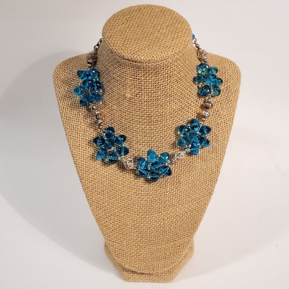 Vintage Faceted Aqua Blue Crystal Woven Beads Necklace Goldtone Spacers 14"-16"